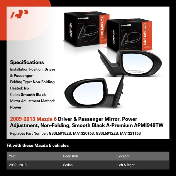 2009-2013 Mazda 6 Driver & Passenger Mirror, Power Adjustment, Non-Folding, Smooth Black A-Premium APMI948TW