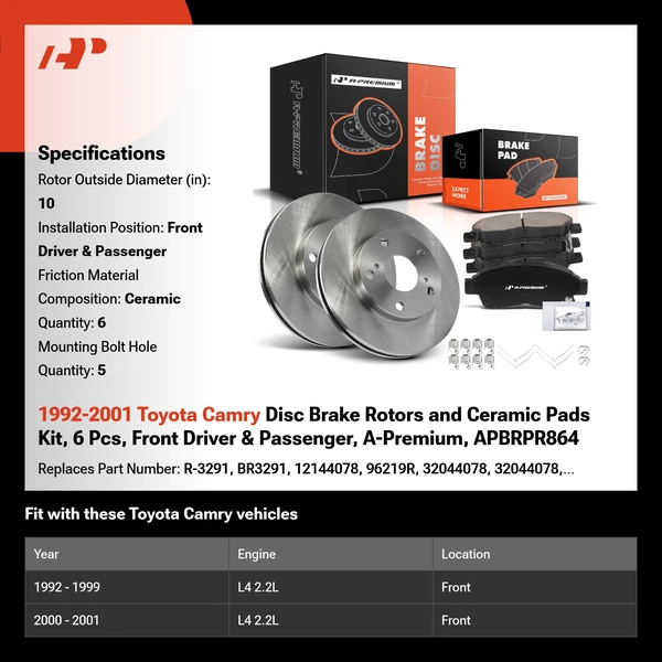 1992-2001 Toyota Camry Disc Brake Rotors and Ceramic Pads Kit, 6 Pcs, Front Driver & Passenger, A-Premium, APBRPR864