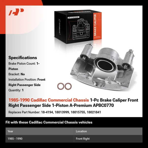 1985-1990 Cadillac Commercial Chassis 1-Pc Brake Caliper Front Right Passenger Side 1-Piston A-Premium APBC0770