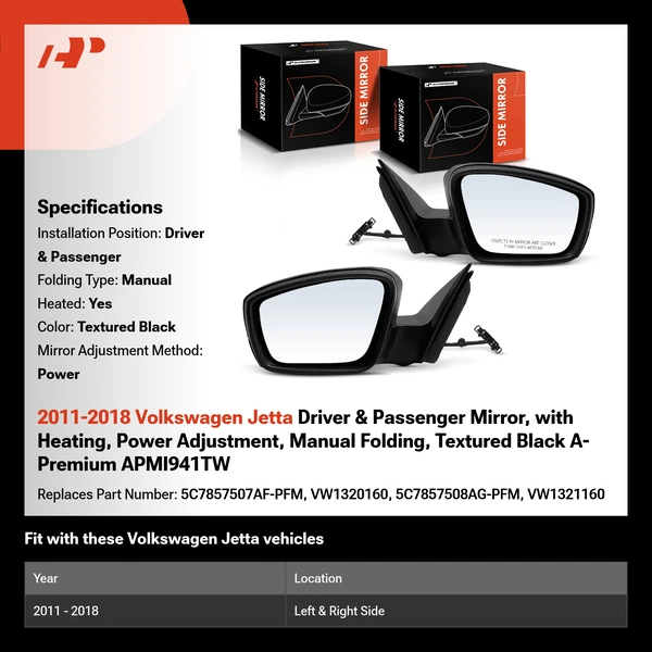 2011-2018 Volkswagen Jetta Driver & Passenger Mirror, with Heating, Power Adjustment, Manual Folding, Textured Black A-Premium APMI941TW