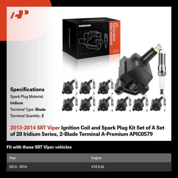 2013-2014 SRT Viper Ignition Coil and Spark Plug Kit Set of A Set of 20 Iridium Series, 2-Blade Terminal A-Premium APIC0579