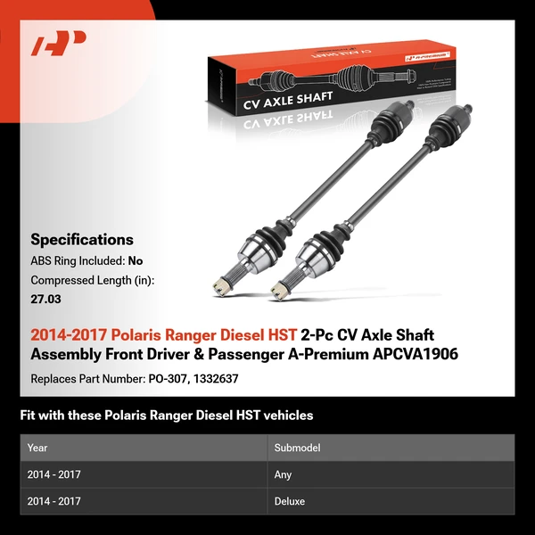 2014-2017 Polaris Ranger Diesel HST 2-Pc CV Axle Shaft Assembly Front Driver & Passenger A-Premium APCVA1906