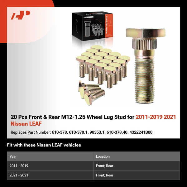 20 Pcs Front & Rear M12-1.25 Wheel Lug Stud for 2011-2019 2021 Nissan LEAF