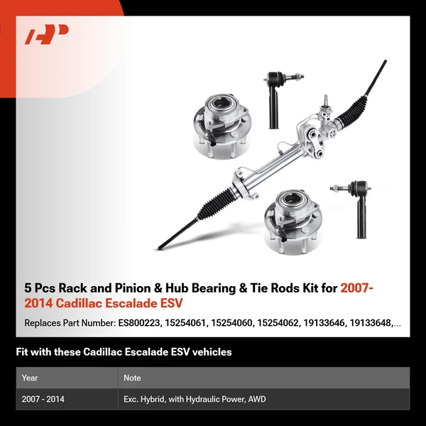 5 Pcs Rack and Pinion & Hub Bearing & Tie Rods Kit for 2007-2014 Cadillac Escalade ESV