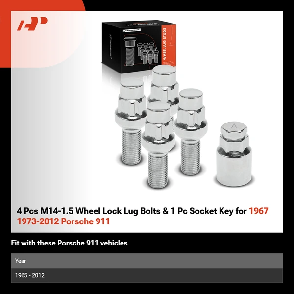 4 Pcs M14-1.5 Wheel Lock Lug Bolts & 1 Pc Socket Key for 1967 1973-2012 Porsche 911