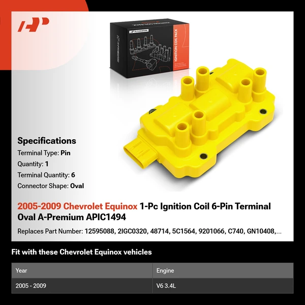 2005-2009 Chevrolet Equinox 1-Pc Ignition Coil 6-Pin Terminal Oval A-Premium APIC1494