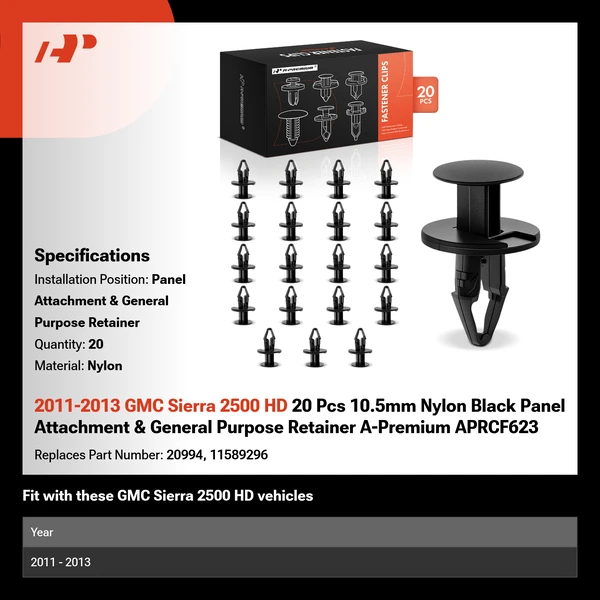 2011-2013 GMC Sierra 2500 HD 20 Pcs 10.5mm Nylon Black Panel Attachment & General Purpose Retainer A-Premium APRCF623