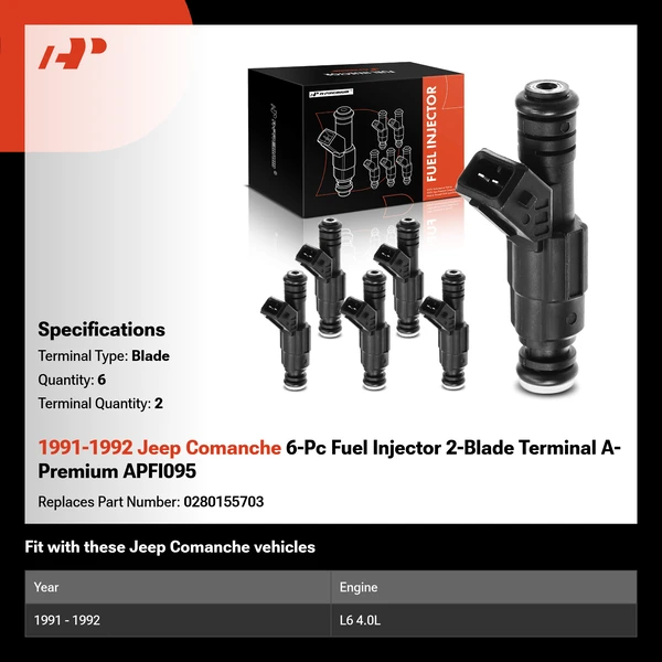 1991-1992 Jeep Comanche 6-Pc Fuel Injector 2-Blade Terminal A-Premium APFI095
