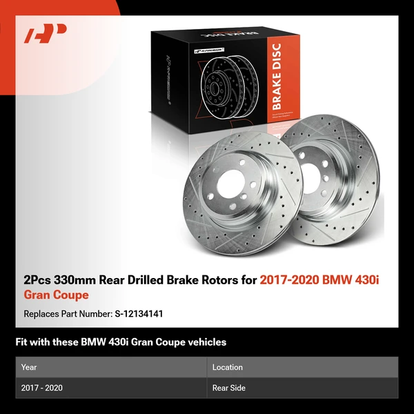 2Pcs 330mm Rear Drilled Brake Rotors for 2017-2020 BMW 430i Gran Coupe