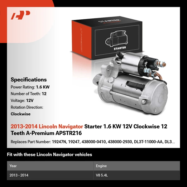 2013-2014 Lincoln Navigator Starter 1.6 KW 12V Clockwise 12 Teeth A-Premium APSTR216