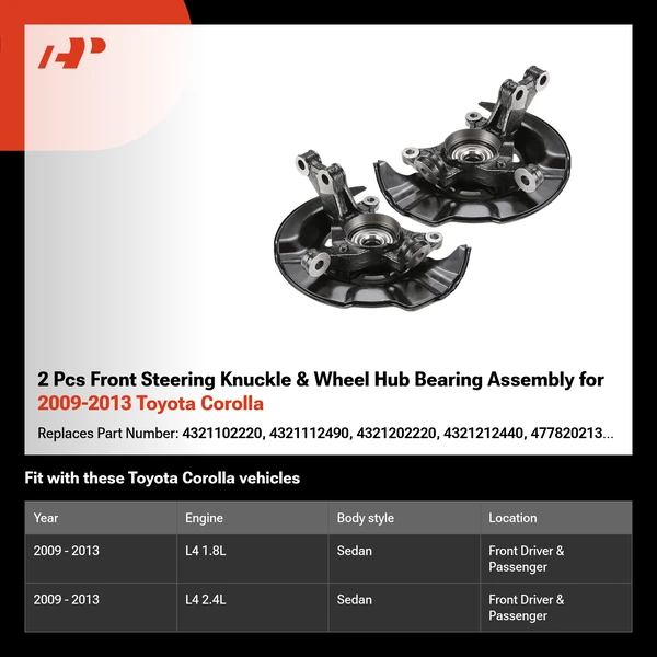 2 Pcs Front Steering Knuckle & Wheel Hub Bearing Assembly for 2009-2013 Toyota Corolla