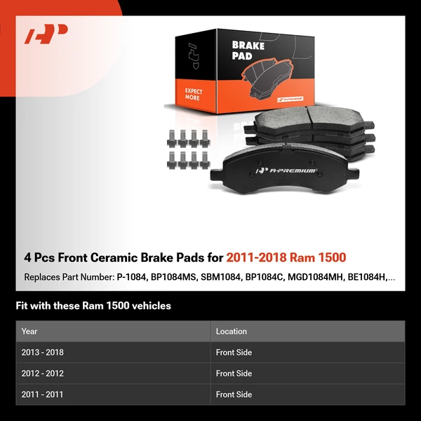 4 Pcs Front Ceramic Brake Pads for 2011-2018 Ram 1500