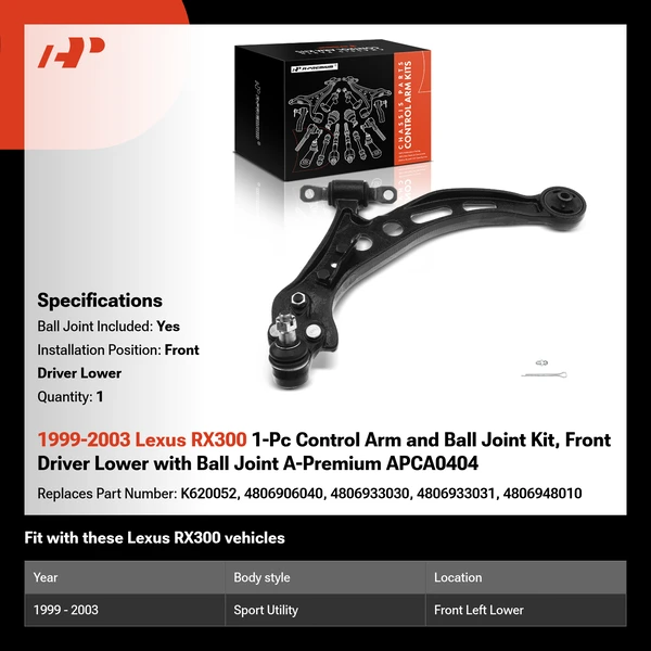 1999-2003 Lexus RX300 1-Pc Control Arm and Ball Joint Kit, Front Driver Lower with Ball Joint A-Premium APCA0404