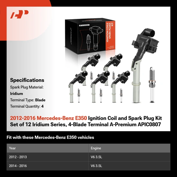 2012-2016 Mercedes-Benz E350 Ignition Coil and Spark Plug Kit Set of 12 Iridium Series, 4-Blade Terminal A-Premium APIC0807