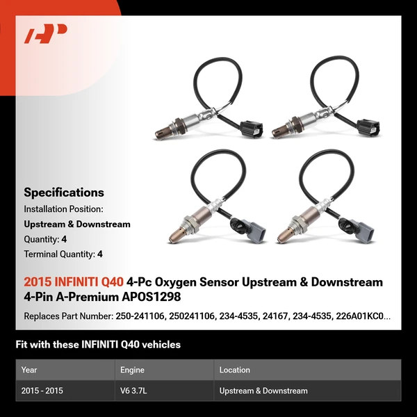 2015 INFINITI Q40 4-Pc Oxygen Sensor Upstream & Downstream 4-Pin A-Premium APOS1298