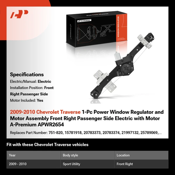 2009-2010 Chevrolet Traverse 1-Pc Power Window Regulator and Motor Assembly Front Right Passenger Side Electric with Motor A-Premium APWR2654
