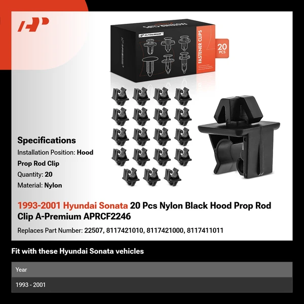 1993-2001 Hyundai Sonata 20 Pcs Nylon Black Hood Prop Rod Clip A-Premium APRCF2246