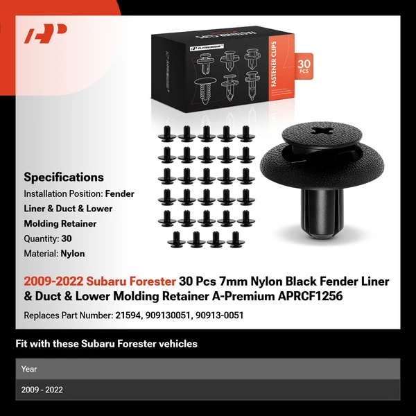 2009-2022 Subaru Forester 30 Pcs 7mm Nylon Black Fender Liner & Duct & Lower Molding Retainer A-Premium APRCF1256