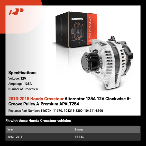 2013-2015 Honda Crosstour Alternator 135A 12V Clockwise 6-Groove Pulley A-Premium APALT254