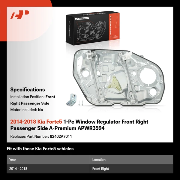 2014-2018 Kia Forte5 1-Pc Window Regulator Front Right Passenger Side A-Premium APWR3594