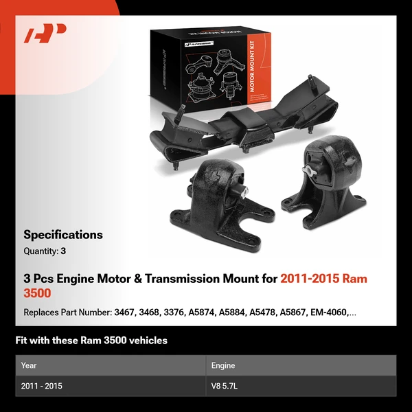3 Pcs Engine Motor & Transmission Mount for 2011-2015 Ram 3500