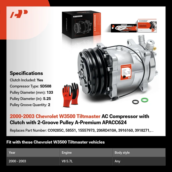 2000-2003 Chevrolet W3500 Tiltmaster AC Compressor with Clutch with 2-Groove Pulley A-Premium APACC624