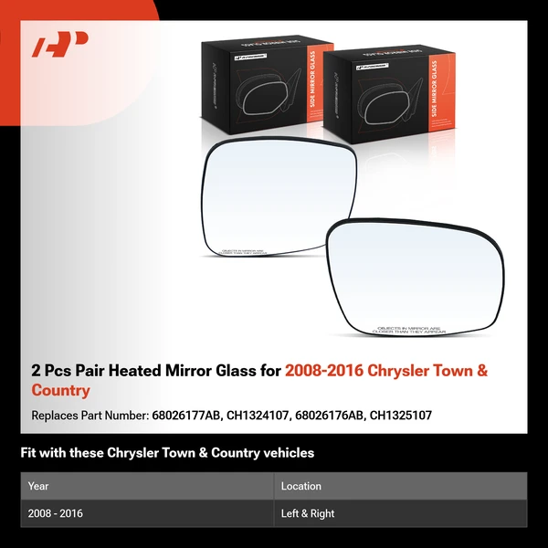 2 Pcs Pair Heated Mirror Glass for 2008-2016 Chrysler Town & Country