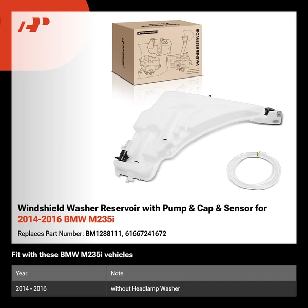 Windshield Washer Reservoir with Pump & Cap & Sensor for 2014-2016 BMW M235i