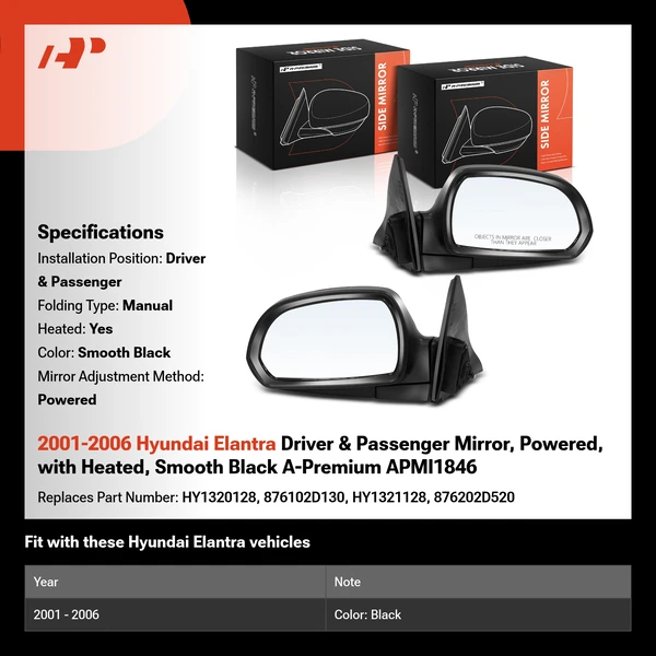 2001-2006 Hyundai Elantra Driver & Passenger Mirror, Powered, with Heated, Smooth Black A-Premium APMI1846
