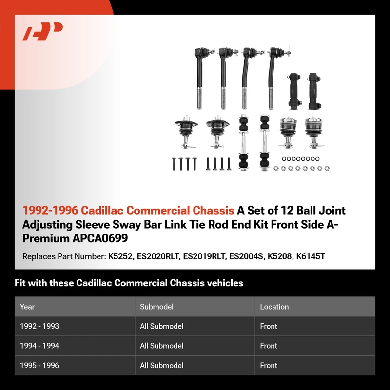 1992-1996 Cadillac Commercial Chassis A Set of 12 Ball Joint Adjusting Sleeve Sway Bar Link Tie Rod End Kit Front Side A-Premium APCA0699