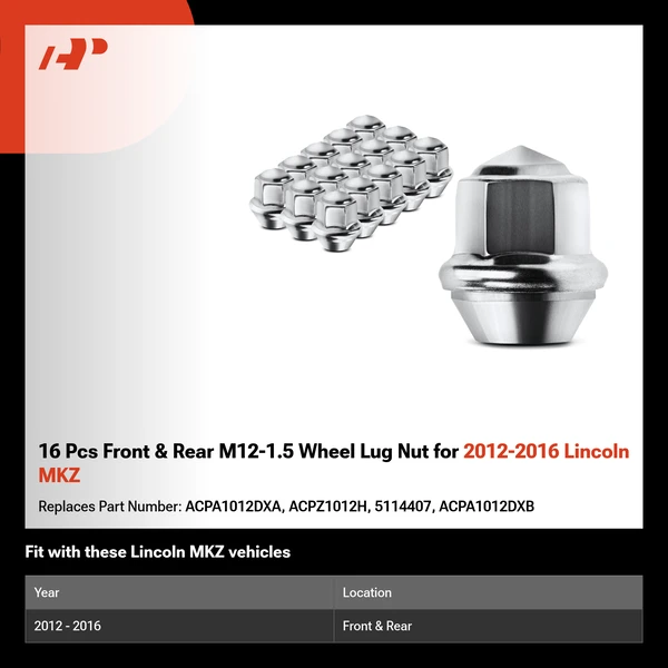 16 Pcs Front & Rear M12-1.5 Wheel Lug Nut for 2012-2016 Lincoln MKZ