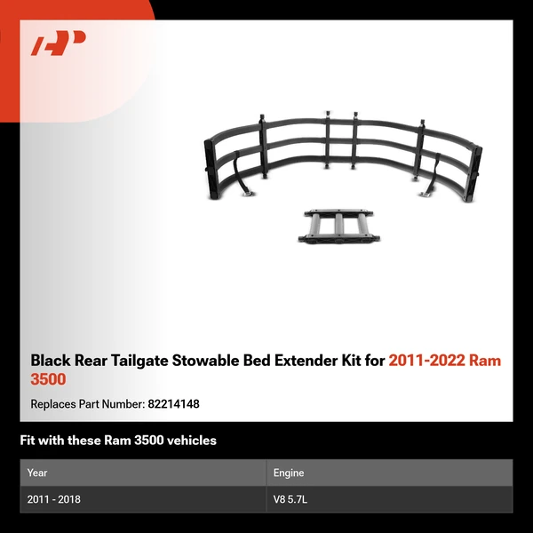 Black Rear Tailgate Stowable Bed Extender Kit for 2011-2022 Ram 3500