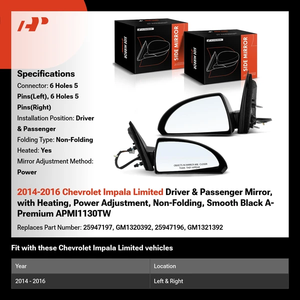 2014-2016 Chevrolet Impala Limited Driver & Passenger Mirror, with Heating, Power Adjustment, Non-Folding, Smooth Black A-Premium APMI1130TW