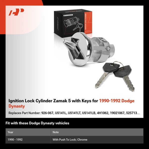 Ignition Lock Cylinder Zamak 5 with Keys for 1990-1992 Dodge Dynasty