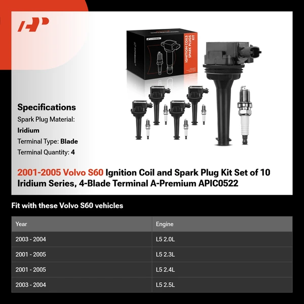 2001-2005 Volvo S60 Ignition Coil and Spark Plug Kit Set of 10 Iridium Series, 4-Blade Terminal A-Premium APIC0522