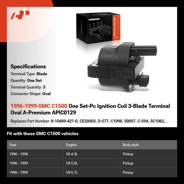 1996-1999 GMC C1500 One Set-Pc Ignition Coil 3-Blade Terminal Oval A-Premium APIC0129