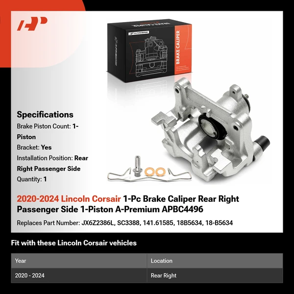 2020-2024 Lincoln Corsair 1-Pc Brake Caliper Rear Right Passenger Side 1-Piston A-Premium APBC4496