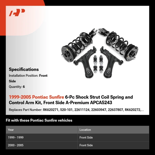 1999-2005 Pontiac Sunfire 6-Pc Shock Strut Coil Spring and Control Arm Kit, Front Side A-Premium APCA5243