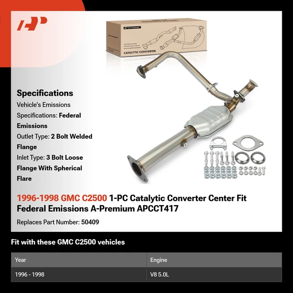 1996-1998 GMC C2500 1-PC Catalytic Converter Center Fit Federal Emissions A-Premium APCCT417