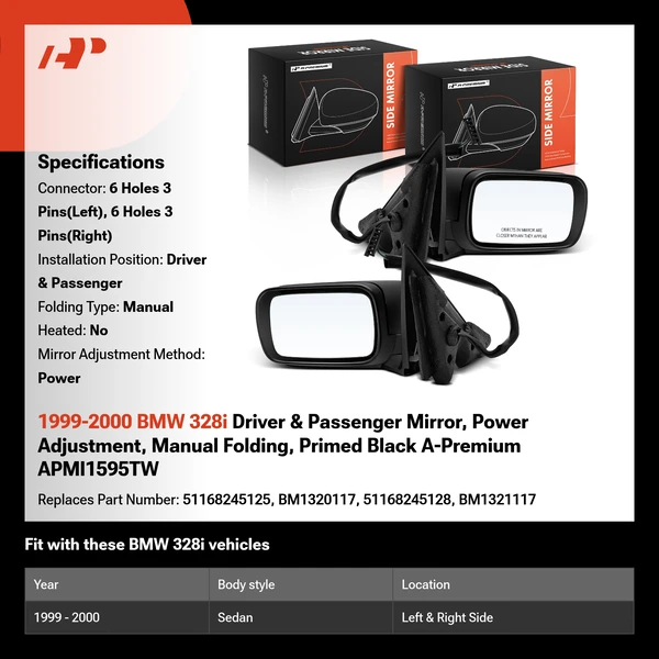 1999-2000 BMW 328i Driver & Passenger Mirror, Power Adjustment, Manual Folding, Primed Black A-Premium APMI1595TW
