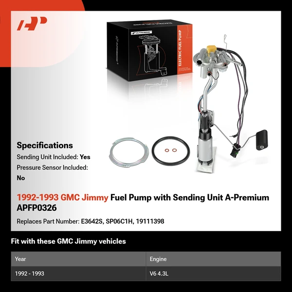 1992-1993 GMC Jimmy Fuel Pump with Sending Unit A-Premium APFP0326