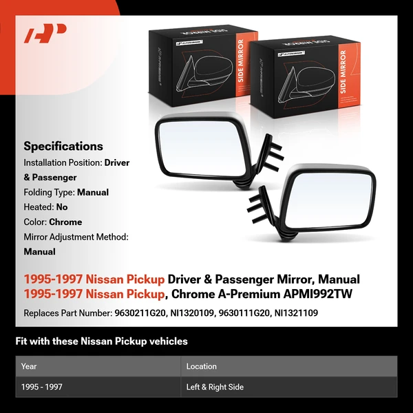1995-1997 Nissan Pickup Driver & Passenger Mirror, Manual 1995-1997 Nissan Pickup, Chrome A-Premium APMI992TW