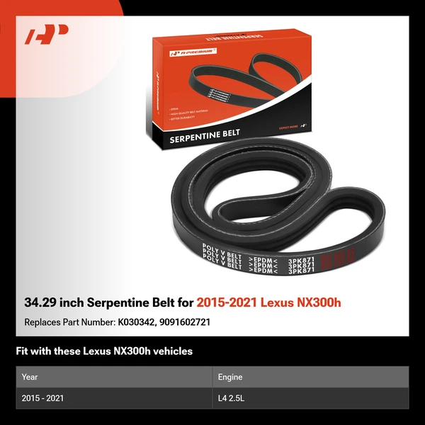 34.29 inch Serpentine Belt for 2015-2021 Lexus NX300h