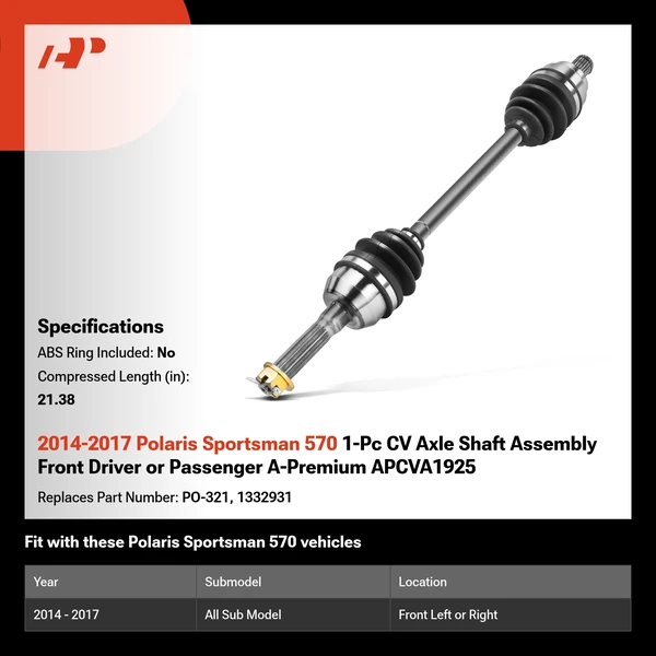 2014-2017 Polaris Sportsman 570 1-Pc CV Axle Shaft Assembly Front Driver or Passenger A-Premium APCVA1925