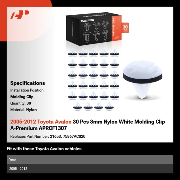 2005-2012 Toyota Avalon 30 Pcs 8mm Nylon White Molding Clip A-Premium APRCF1307