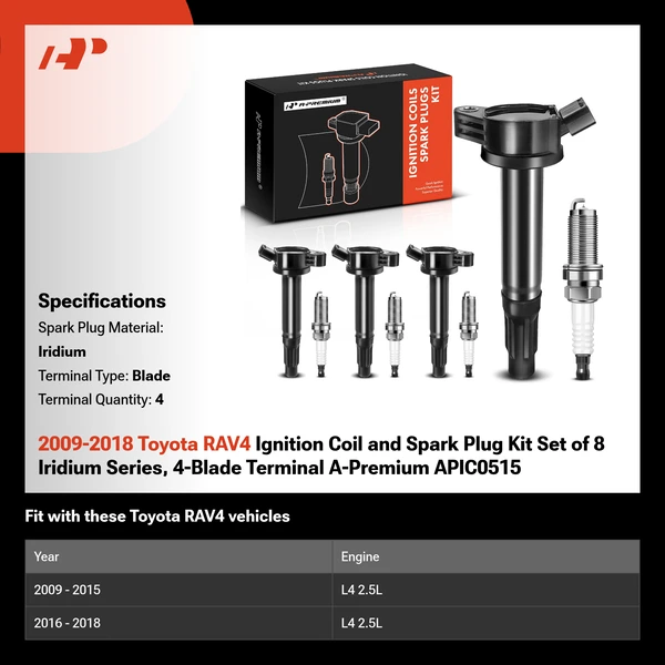 2009-2018 Toyota RAV4 Ignition Coil and Spark Plug Kit Set of 8 Iridium Series, 4-Blade Terminal A-Premium APIC0515