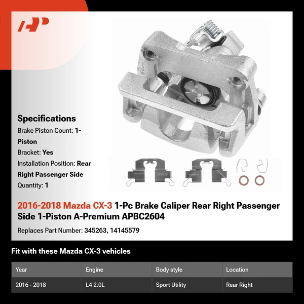 2016-2018 Mazda CX-3 1-Pc Brake Caliper Rear Right Passenger Side 1-Piston A-Premium APBC2604