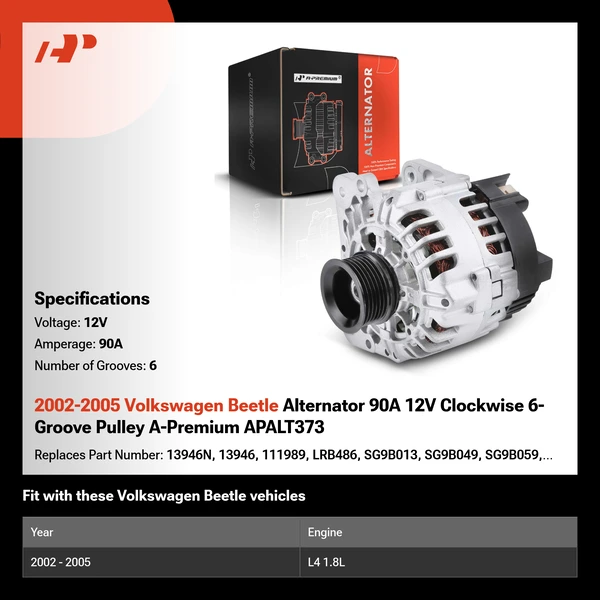 2002-2005 Volkswagen Beetle Alternator 90A 12V Clockwise 6-Groove Pulley A-Premium APALT373
