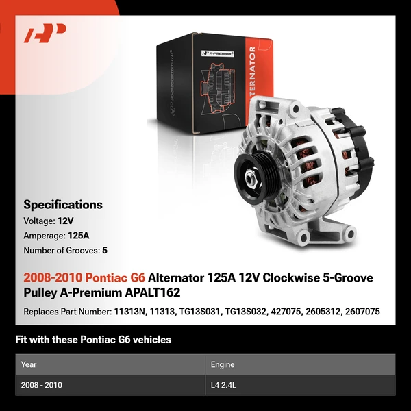 2008-2010 Pontiac G6 Alternator 125A 12V Clockwise 5-Groove Pulley A-Premium APALT162