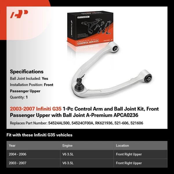 2003-2007 Infiniti G35 1-Pc Control Arm and Ball Joint Kit, Front Passenger Upper with Ball Joint A-Premium APCA0236
